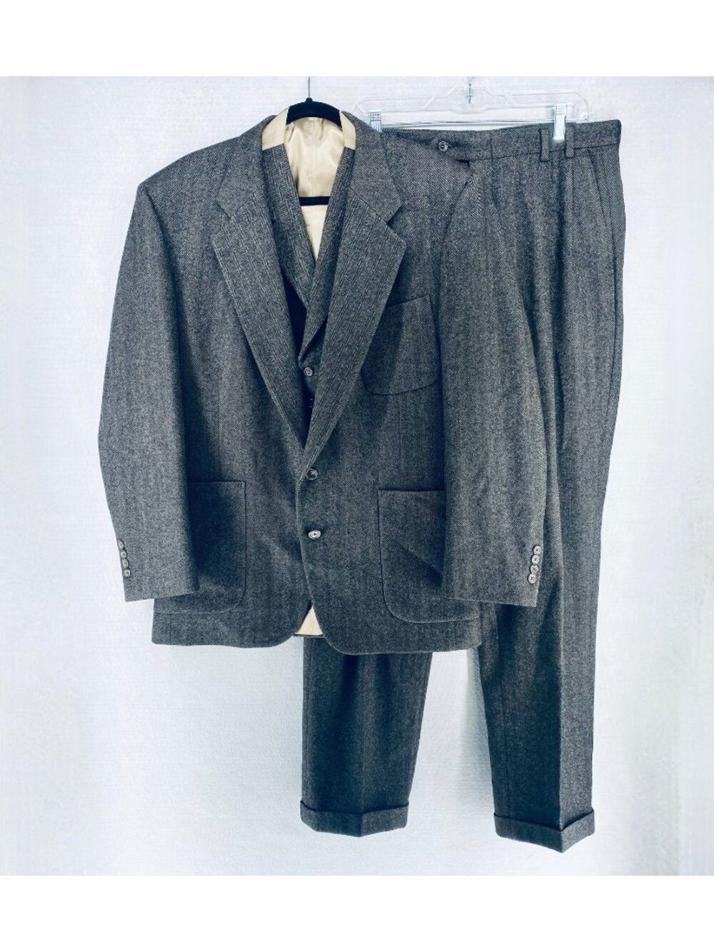 Jos A Bank 3 Piece Suit Mens 42R Brown Wool Tweed Blazer Vest Pants 34x32
